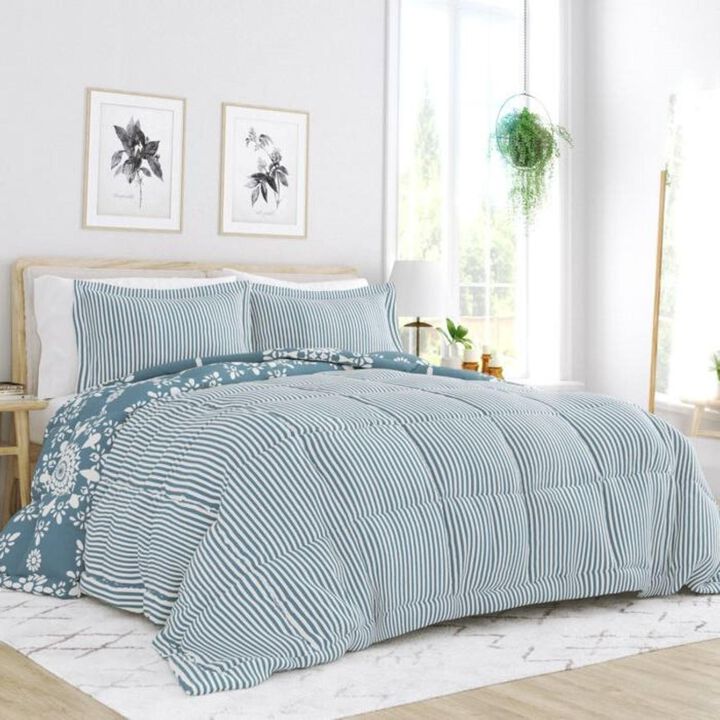 Hivvago King size 3 Piece Blue and White Reversible Floral Striped Comforter Set