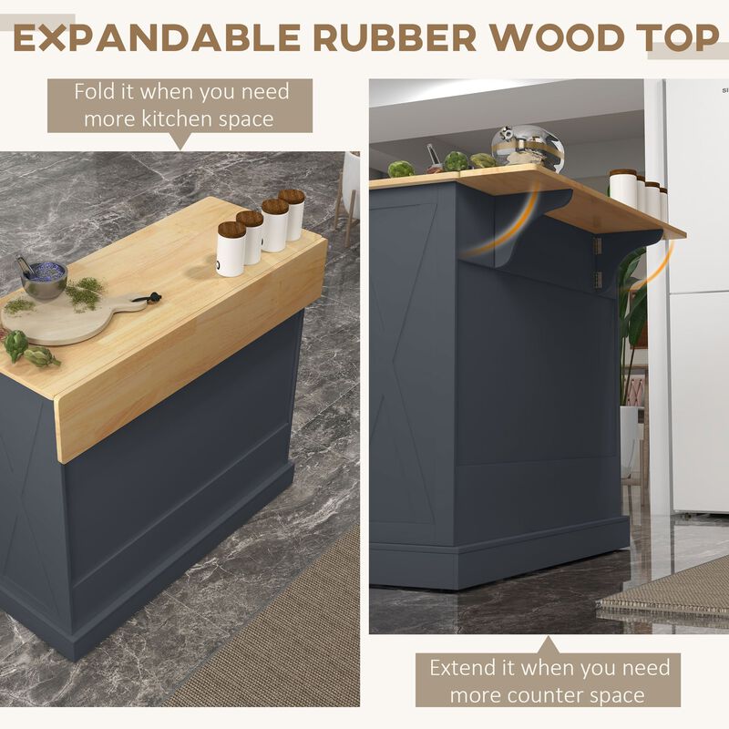 Rolling Kitchen Island with Drop Leaf Wood Breakfast Bar, Farmhouse Kitchen Cart with 2 Drawers, Adjustable Shelves for Dining Room