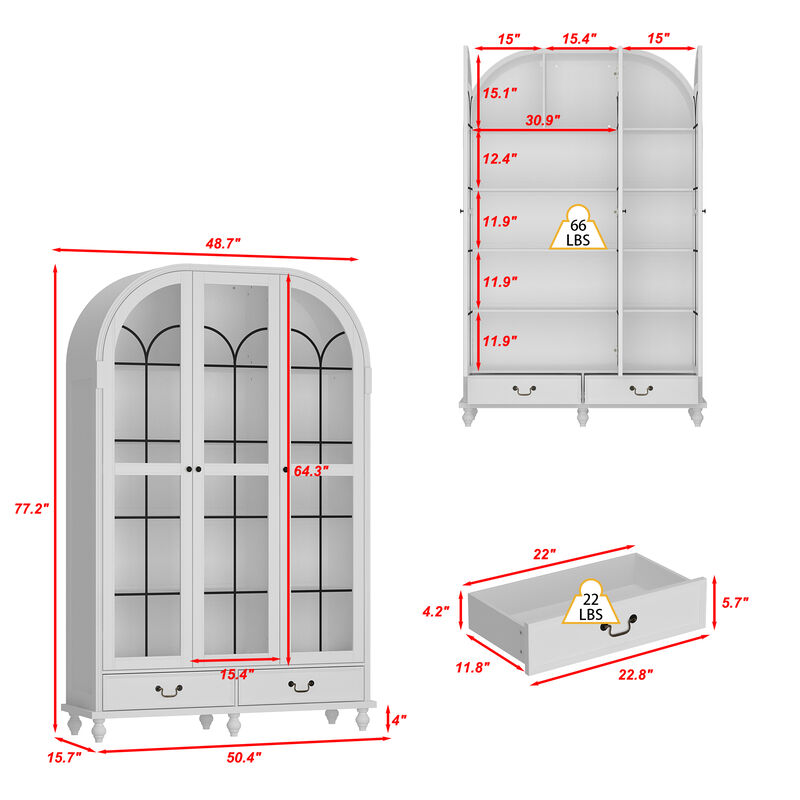 FUFU&GAGA Modern White Cabinet with Glass Doors, 2 Drawers & 8 Shelves, Elegant Storage for Dining Room, Living Room, or Kitchen (77.2"H x 50.4"W x 15.7"D),White