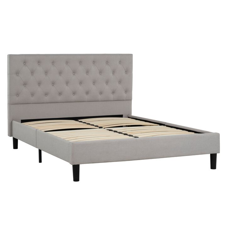 Ani Queen Size Platform Bed, Cushioned Tufted Gray Polyester Upholstery - Benzara
