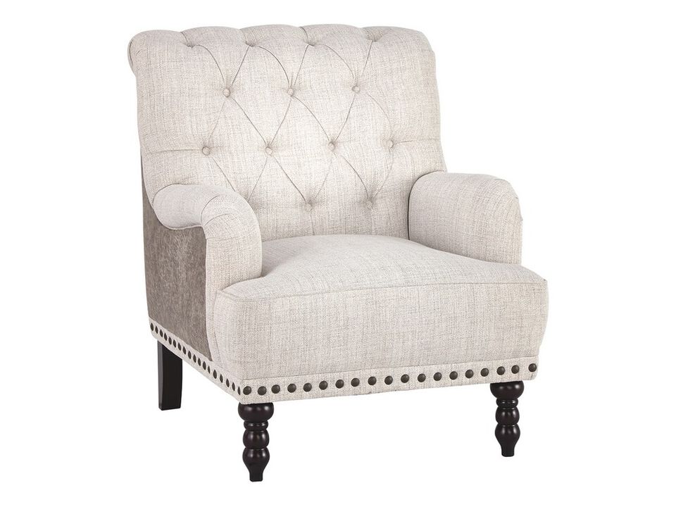 Wooden Accent Chair with Fabric and Faux Leather Upholstery,Gray and Cream-Benzara
