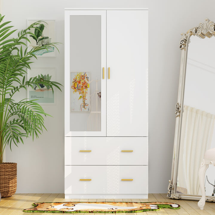 Armoire Wardrobe with Mirror & 2 Drawers, 2-Door Wardrobe with Shelves & Hanging Rod, Gold Metal Handles, for Cloakroom (31.5”W x 18.9”D x 72”H)