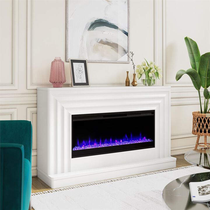 CosmoLiving by Cosmopolitan Rene Electric Fireplace Mantel 65" TV Stand with Multi-Color Flame and Crystal Ember Bed