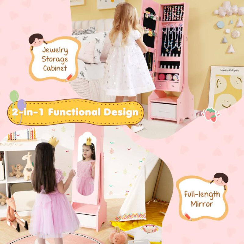 Hivvago Freestanding Kids Jewelry Armoire Cabinet with Storage and 2 Tilt Angles