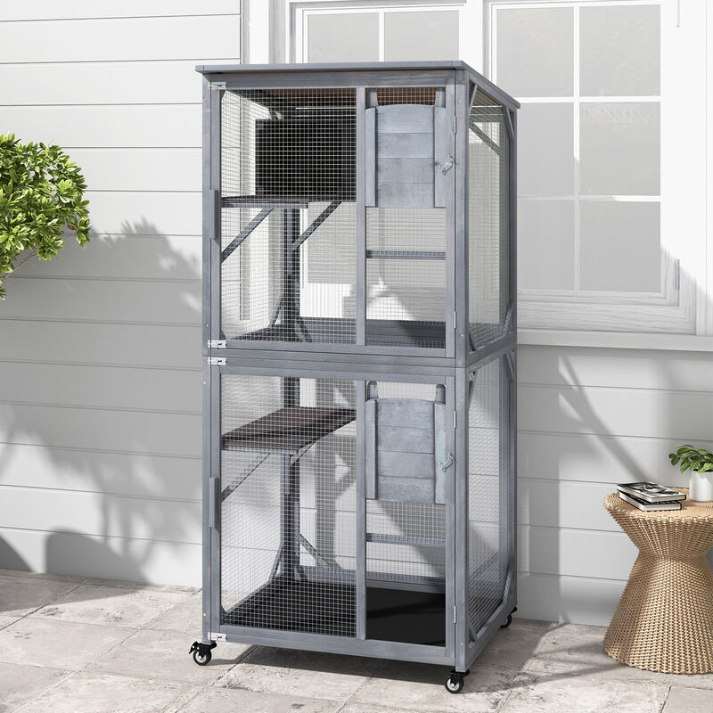 72 Inch TallWooden Cat House with Weatherproof Asphalt Roof-Grey