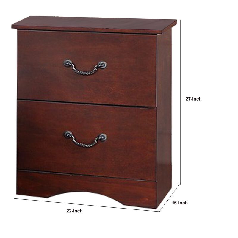 Bran 27 Inch 2 Drawer Nightstand, Pine Wood, Grain Details, Cherry Brown-Benzara