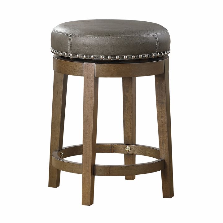Bara 25 Inch Swivel Counter Stool Gray Round Faux Leather, Brown, Set of 2 - Benzara