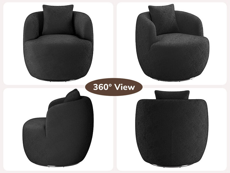BELLEZE Wide Swivel Barrel Chair, Modern Round Boucle Swivel Armchair Curved Backrest Upholstered 360�Swivel Sofa Accent Chair with Pillow, Comfy Swivel Accent Chair for Living Room -Francisco (Black)