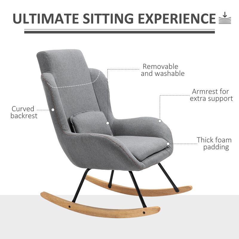 Light Grey Modern Rocker: Fabric Armchair with Removable Lumbar Pillow