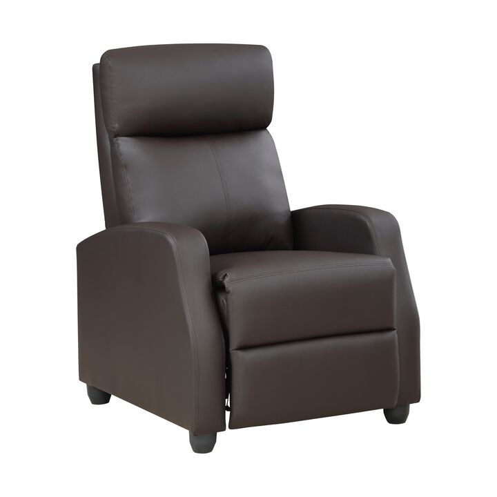 Jiana 35 Inch Push Back Recliner Chair, Brown Faux Leather, Solid Wood - Benzara