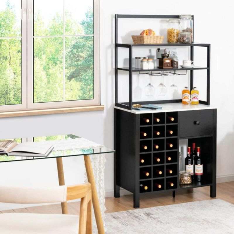 Hivvago Kitchen Bakers Rack Freestanding Wine Rack Table with Glass Holder and Drawer