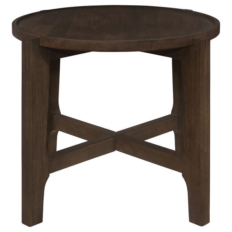 Katie End Table, Round 26 Inch Top, Dark Brown Solid Wood, Cross Beam Legs - Benzara