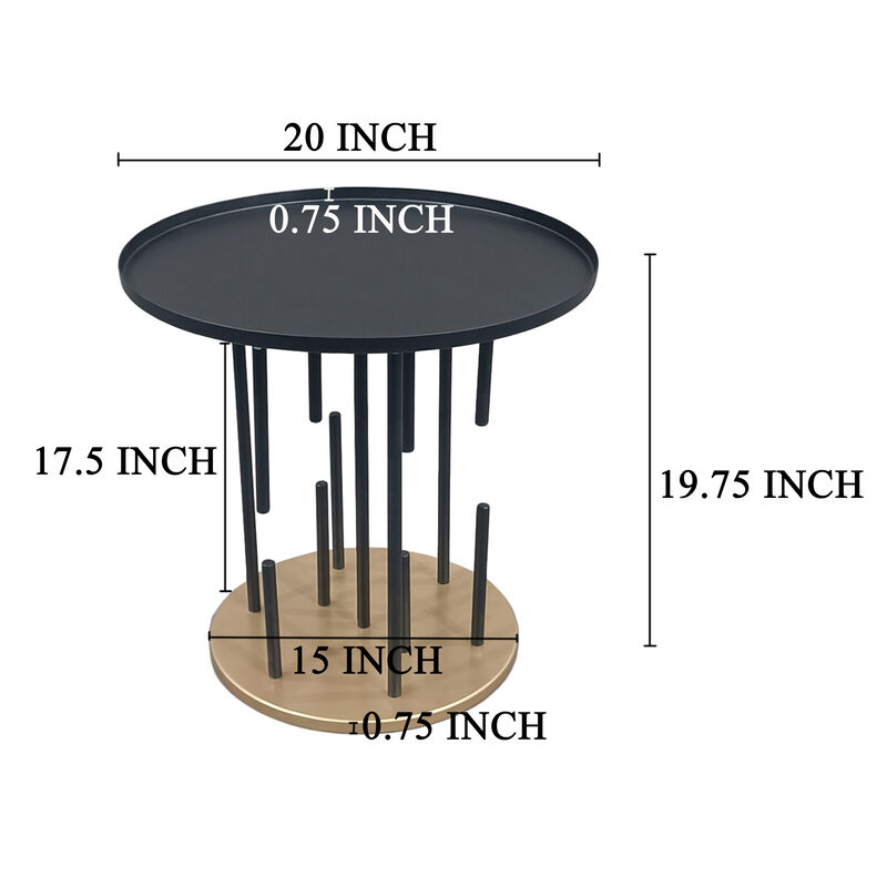 Neci 20 Inch Side End Table, Round Matte Black Tray Top, Modern Rod Supports with Brass Base - Benzara