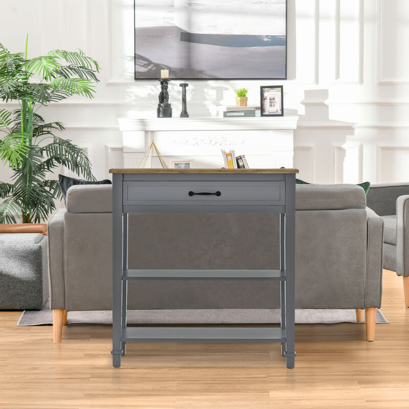 Freestanding Wooden End Table with 2 Open Shelving Spaces and Pull-Put Drawer