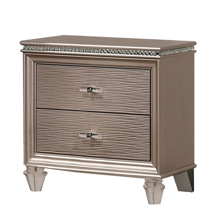 Jisoo 24 Inch Nightstand, 2 Drawers, Textured Drawer Panels, Gold Finish-Benzara Jisoo 24 Inch Nightstand, 2 Drawers, Textured Drawer Panels, Gold Finish-Benzara