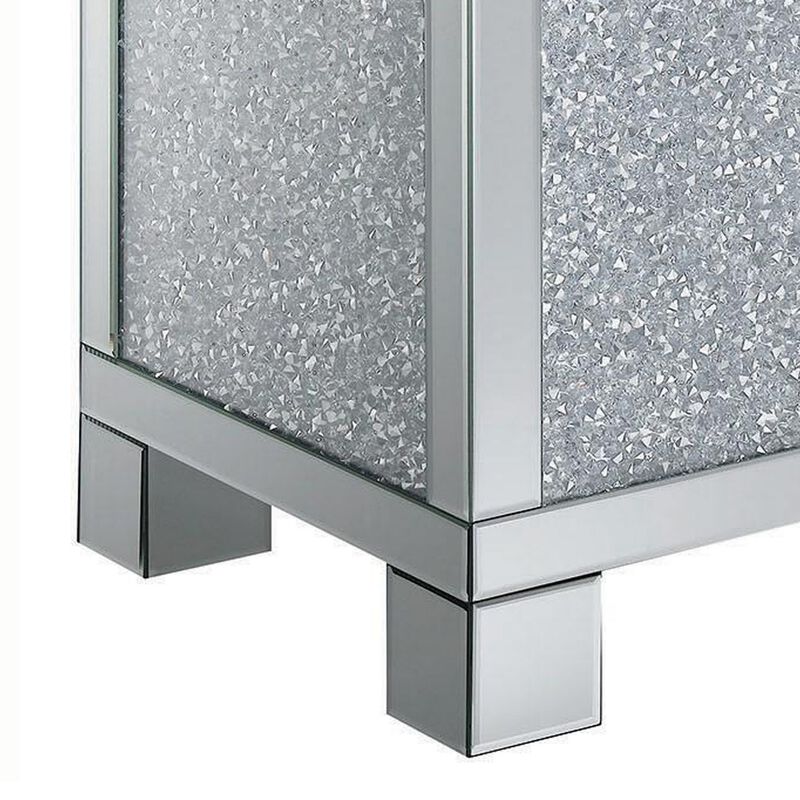 Wooden End Table with Infused Crystals on Mirrored Panel, Silver and Clear-Benzara