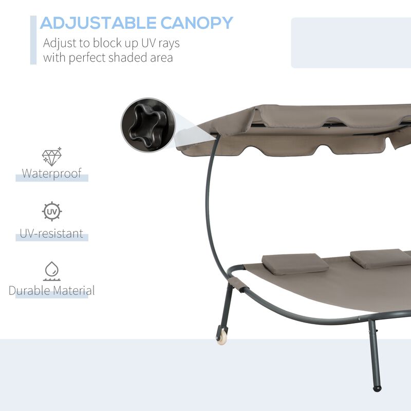 Brown Patio Lounger: Double Chaise with Canopy & Wheels
