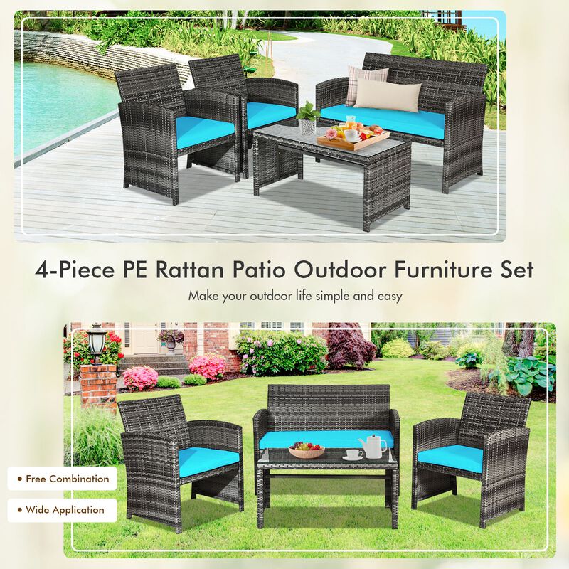 4 Pcs Patio Rattan Furniture Set Top Sofa With Glass Table