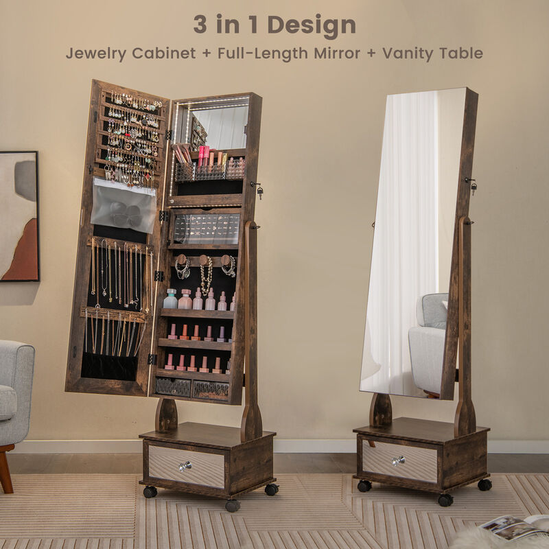 47 Inch Lockable Jewelry Cabinet Armoire with 3-Color LED Lights-Coffee