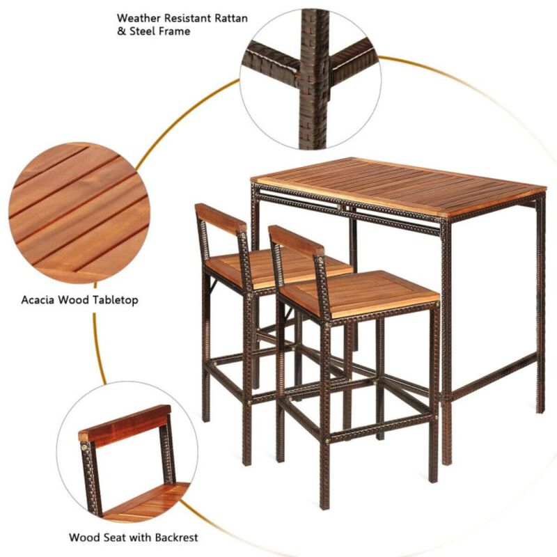 Hivvago 3 Pieces Patio Rattan Wicker Bar Dining Furniture Set