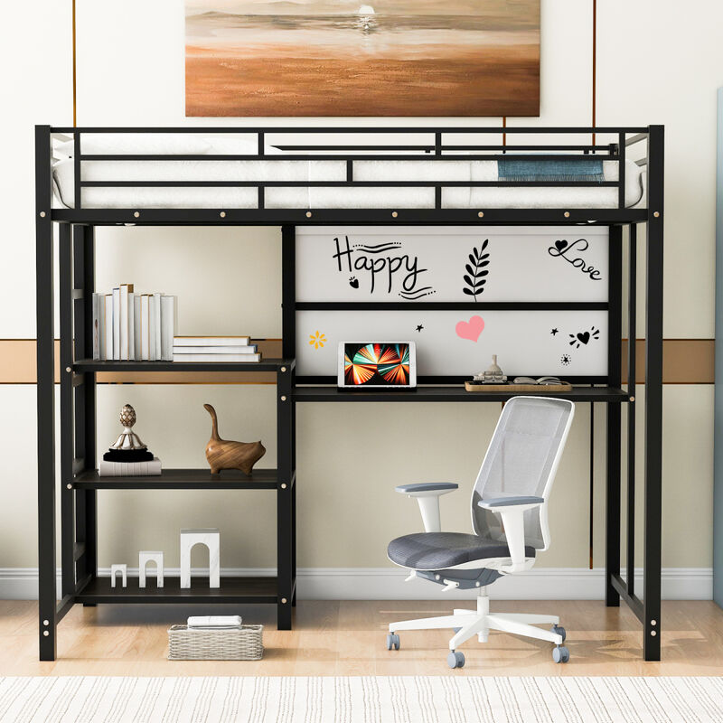 Twin Size Loft Bed With Desk And Board, Metal Loft Bed With 3 Shelves And Ladder