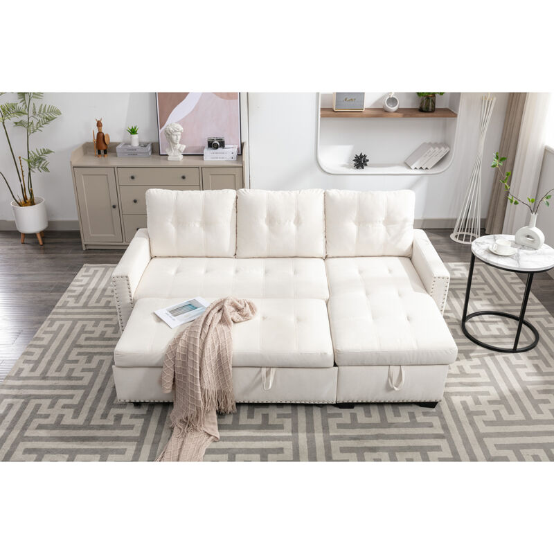 77" Reversible Sleeper Sectional With Storage, Beige Velvet
