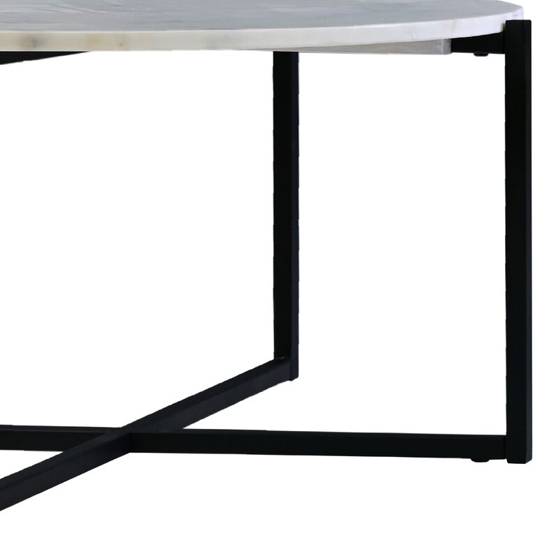 Ivy 30 Inch Marble Top Round Coffee Table with Metal Frame, White and Black-Benzara