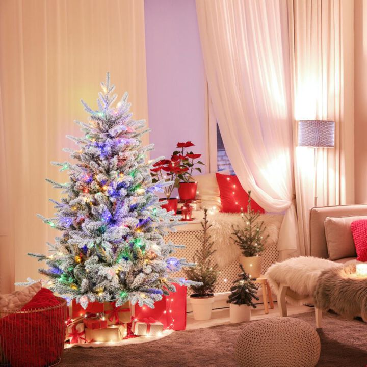 Hivvago 4.5/6/7 Feet Flocked Christmas Tree with 8 Lighting Modes and Multi-Color LED Lights