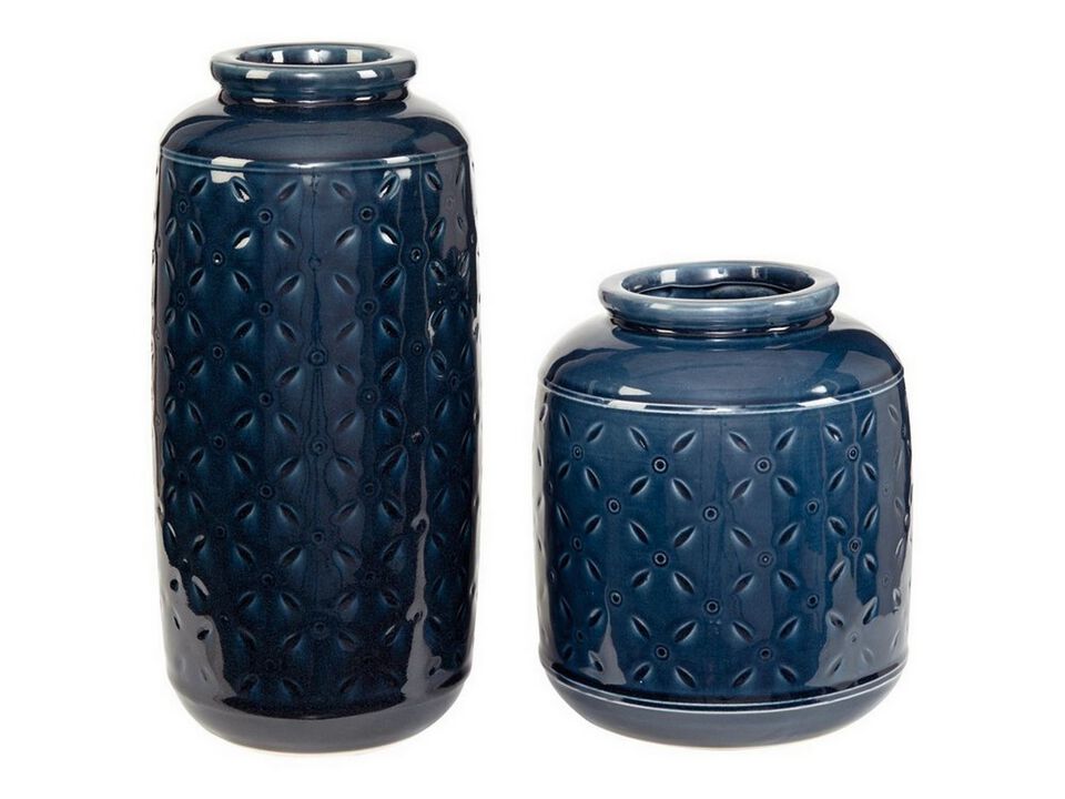 Vase with Sand Dollar Engraving, Set of 2, Navy Blue - Benzara