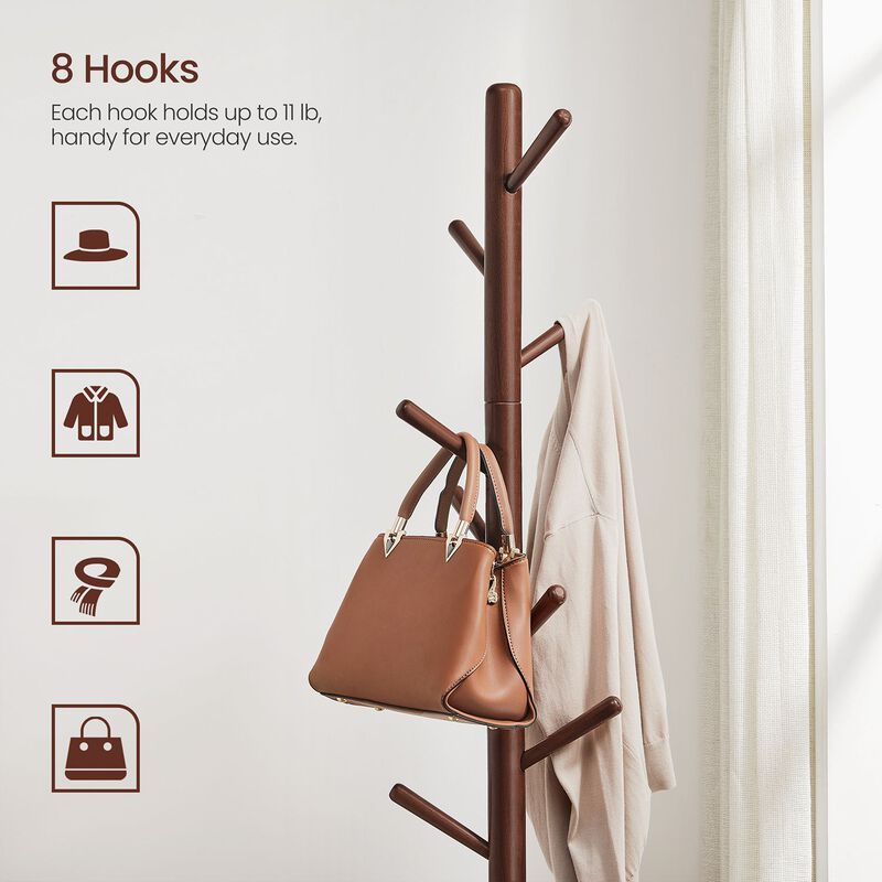 Coat Rack with 8 Hooks, Solid Wood Coat Tree Free Standing