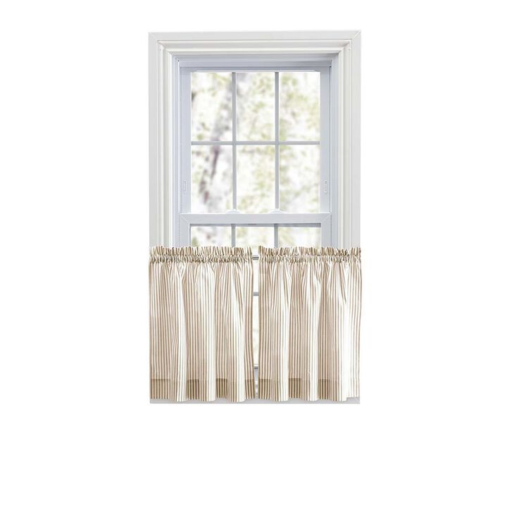 Ellis Curtain Plaza Classic Ticking Stripe Printed 1.5" Rod Pocket Tailored Tiers Tan