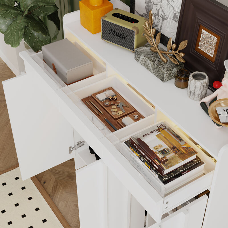 FUFU&GAGA Modern White Shoe Cabinet – 3 Drawers, 3 Doors, Acrylic Panel Design, MDF Entryway Storage (47.2" W x 13.8" D x 47.2" H), White