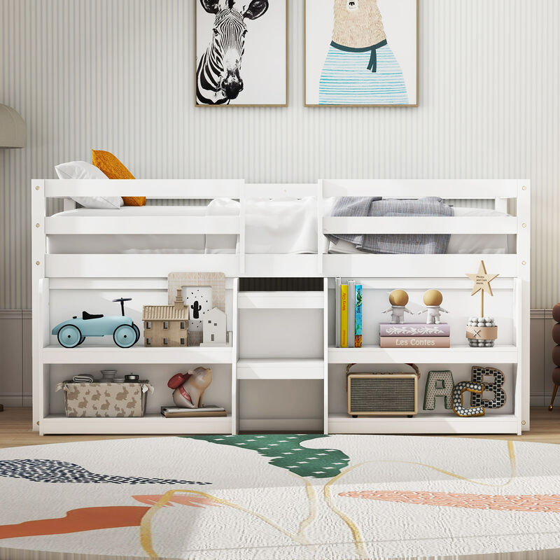 Twin Size Loft Bed with LED Lights with Staircase and Safety Guardrail-Grey