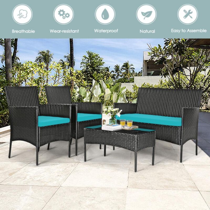 Hivvago 4 Pieces Patio Rattan Cushioned Sofa Set with Tempered Glass Coffee Table