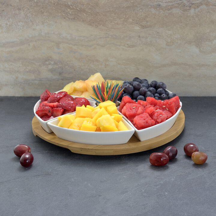 Elama Signature 7 Piece Appetizer Serving Set with 5 Serving Dishes, Center Tooth Pick Holder and Bamboo Serving Tray