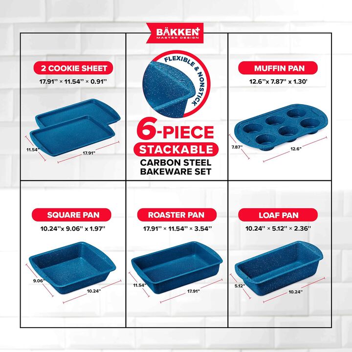 BAKKEN Kitchen Baking Pan Set - Nonstick Blue Marble Coating, Commercial Grade Carbon Steel Bakeware Sets, Baking Kitchen Essentials, PFOA, PFOS, PTFE Free, Oven Safe Tray (Up to 450° F), Set of 6