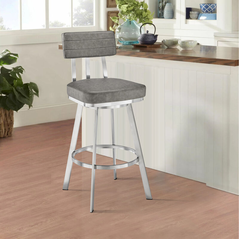 Col 26 Inch Swivel Counter Stool, Gray Faux Leather, Stainless Steel Frame - Benzara