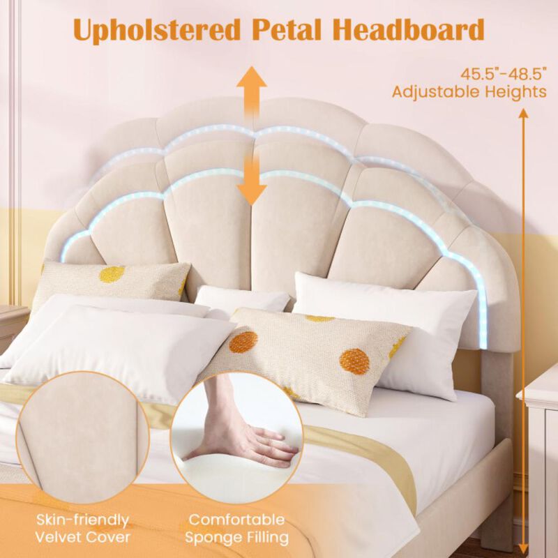 Hivvago Upholstered LED Bed Frame with Adjustable Flower Headboard and Metal Support Feet