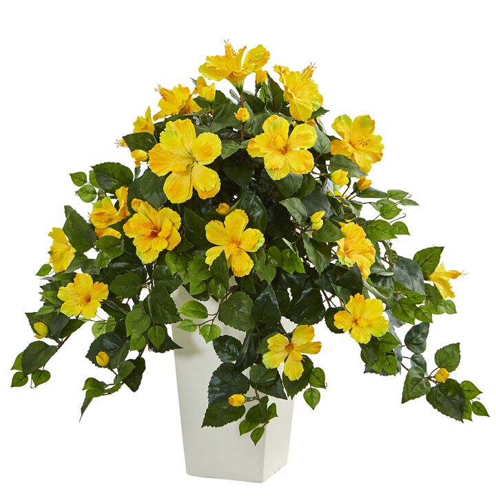 Hivvago Hibiscus Artificial Plant in White Tower Planter