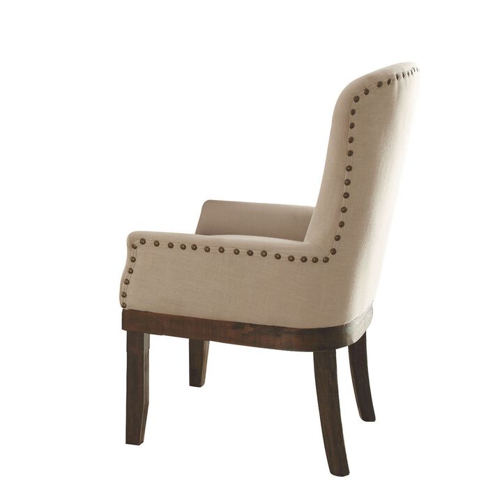 Wooden Arm Chair with Wing Back and Nailhead Trims, Beige and Brown-Benzara