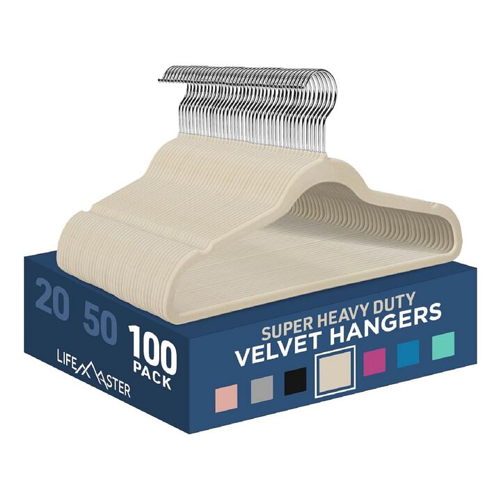 Velvet Non-Slip Hangers-100 Pieces Non-Slip Coat Hanger Set with 360° Swivel Hook,Space-Saving,Sleek Design,Keep Closet Organized,Smooth Velvet Finish,Lightweight Construction-Ivory