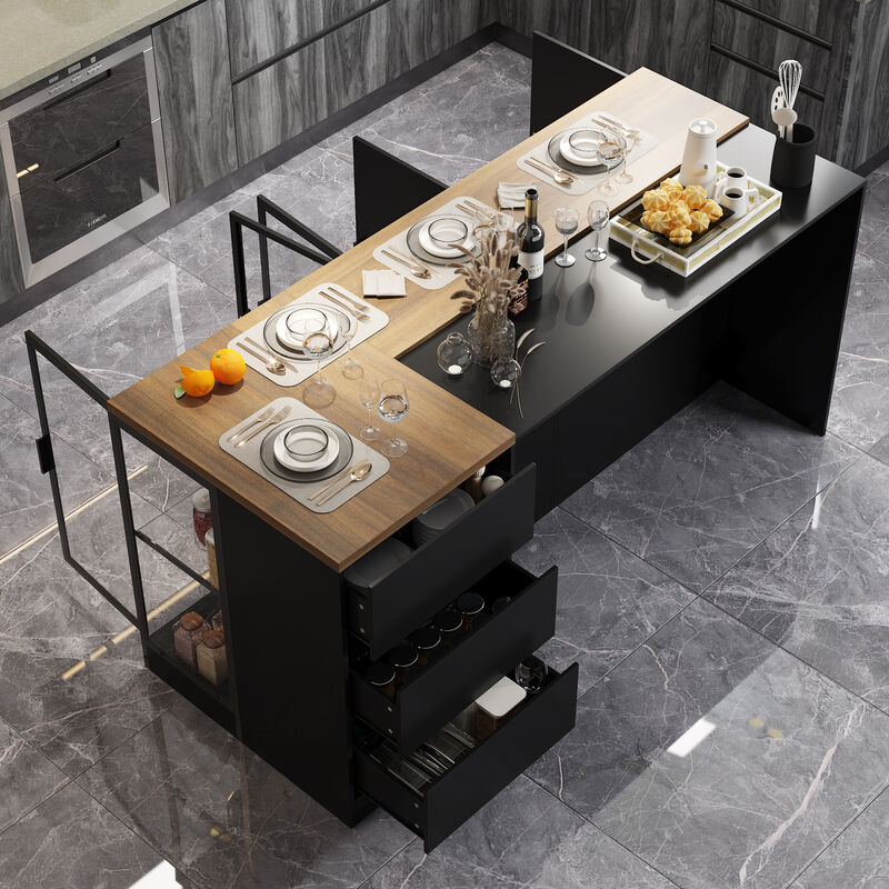 FUFU&GAGA Black Mdf Base with Mdf Top Kitchen Island (36.6-in x 77.6-in x 30.3-in),Black