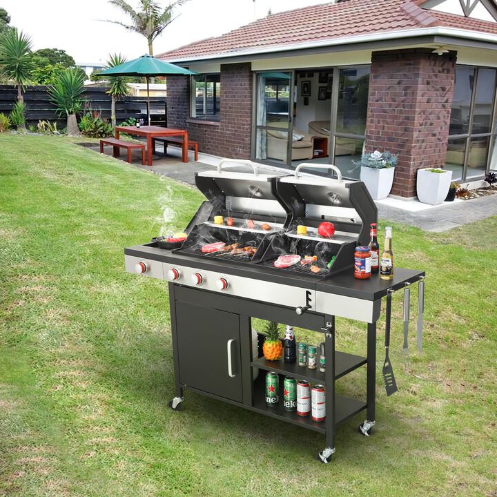 MONDAWE 3-Burner Propane Gas BBQ Grill with Side Burner, combined with charcoal grill, 37230BTU Output With Enameled Cast Iron Cooking Grids For Outdoor Barbecue, Stainless Steel