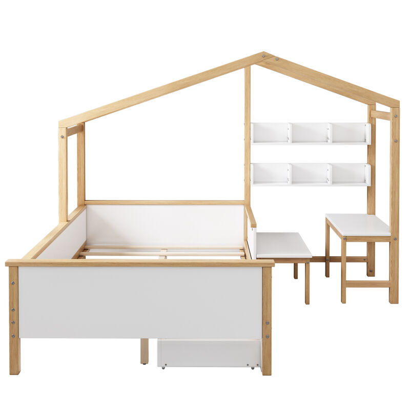Streamdale Wooden House Bed with Desk, Drawer & Bookshelf