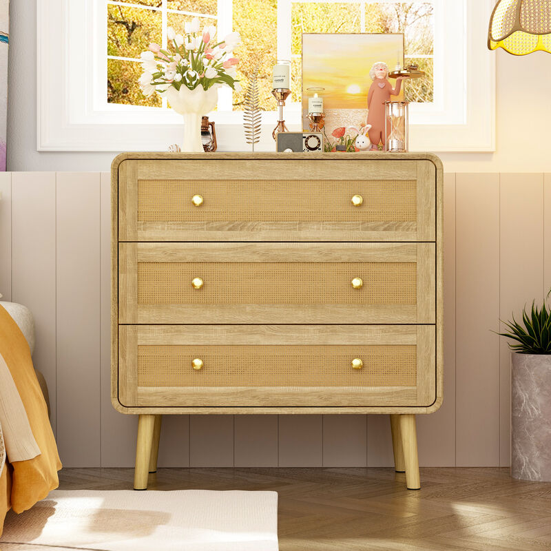 FUFU&GAGA 3-Drawer Nightstand, Modern Bedside Table with Rattan Fronts, Wooden Legs & Gold Handles, Spacious Storage for Bedroom (31.5" W x 32" H x 13.8" D), Natural Wood