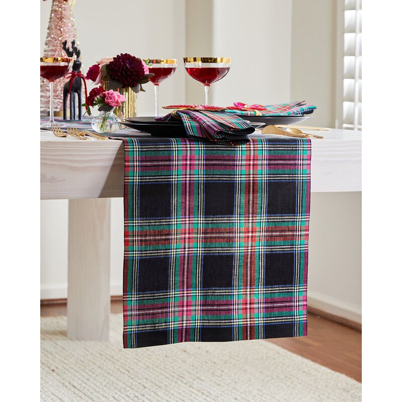 Solino Home 100% Pure Linen Black Jewel Plaid Table Runner