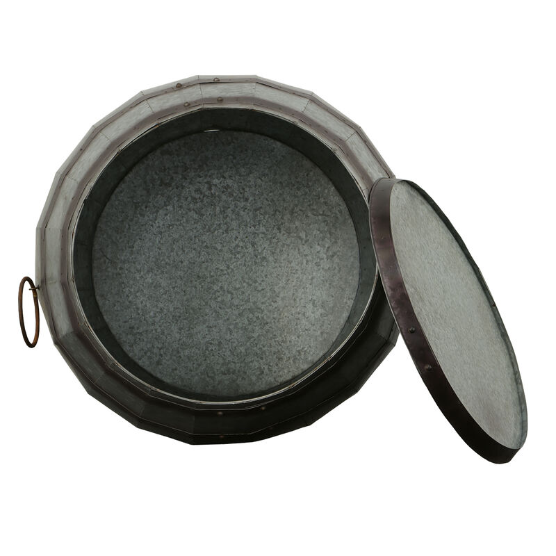 Drum Shape Metal Wine Storage Table with Removable Lid, Rustic Brown and Gray-Benzara