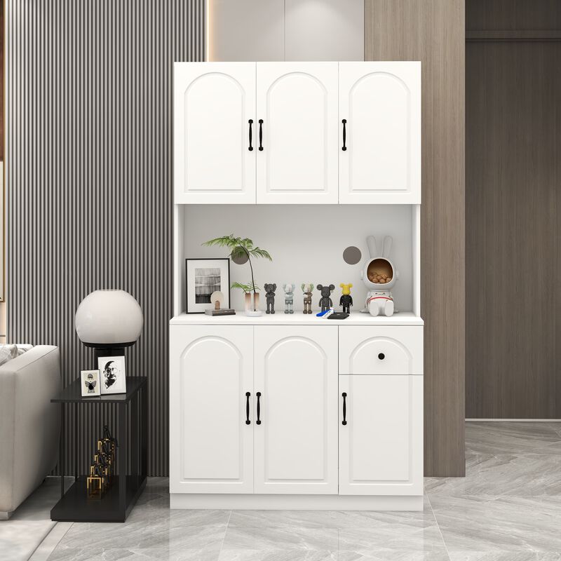 White Wood 39.76 in. Pantry Cabinet with Microwave Oven Countertop