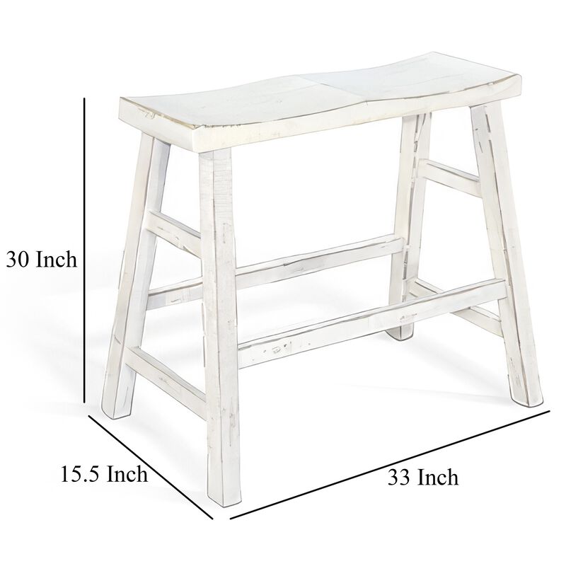 Rena Bar Height Bench, 33 Inch Rustic White Sand Mahogany Wood Frame - Benzara