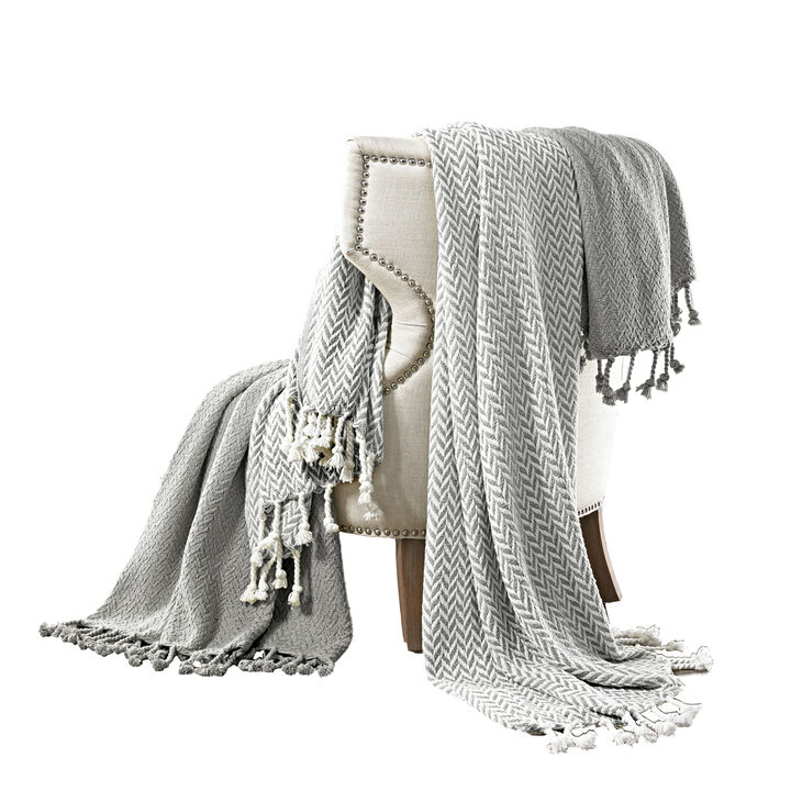 Calabria Herringbone Cotton Throw The Urban Port, Set of 2, Gray and White - Benzara